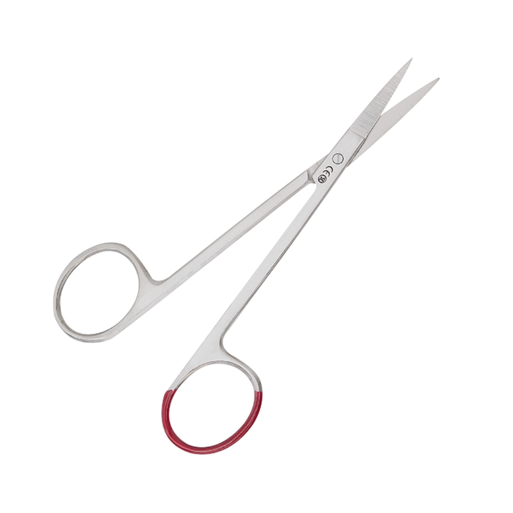 A small, curved, pointed scissor made of surgical steel for precise cuts. The metallic finger loops are complemented by a loop partially covered with red rubber to improve grip. Sold as "Disposable Iris Scissors" by Servoprax GmbH.