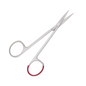 A small, curved, pointed scissor made of surgical steel for precise cuts. The metallic finger loops are complemented by a loop partially covered with red rubber to improve grip. Sold as "Disposable Iris Scissors" by Servoprax GmbH.
