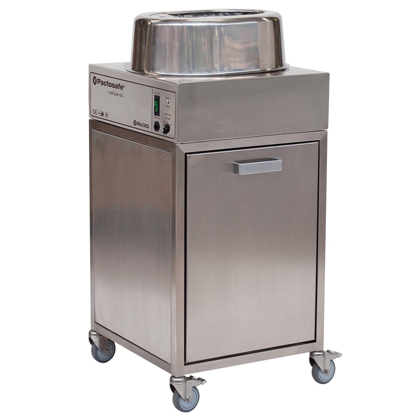The Novocal waste sealing device Pactosafe closed - network version made of stainless steel on wheels features a control panel, handle, upper chamber, and the "Pactosafe" logo on the front for hygienic waste disposal.