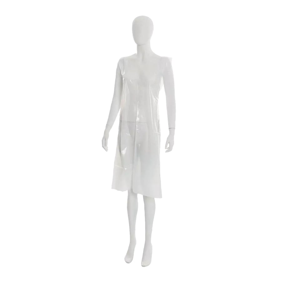 A white mannequin is wearing a transparent, sleeveless, knee-length plastic vest (disposable apron light, 75 x 125 cm from AMPri Handelsgesellschaft mbH), ideal for hygiene protection in food processing. The background is solid white.
