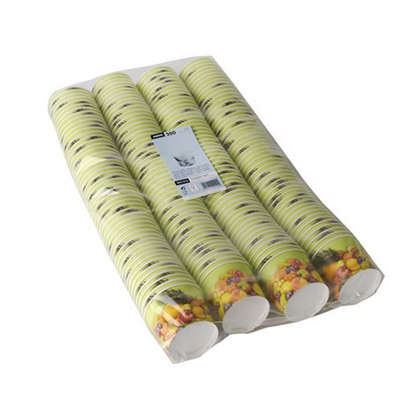 A package of 200 Starpak disposable paper cups, shrink-wrapped. The cups are light green with a fruit design at the bottom and each has a capacity of 100 ml.