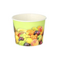 A light green paper cup from the "Fruits" collection by Starpak with a printed design of various fruits such as grapes, oranges, and plums. This round paper cup with a capacity of 100 ml and a diameter of 7 cm and a height of 5.3 cm is ideal for serving food or drinks.