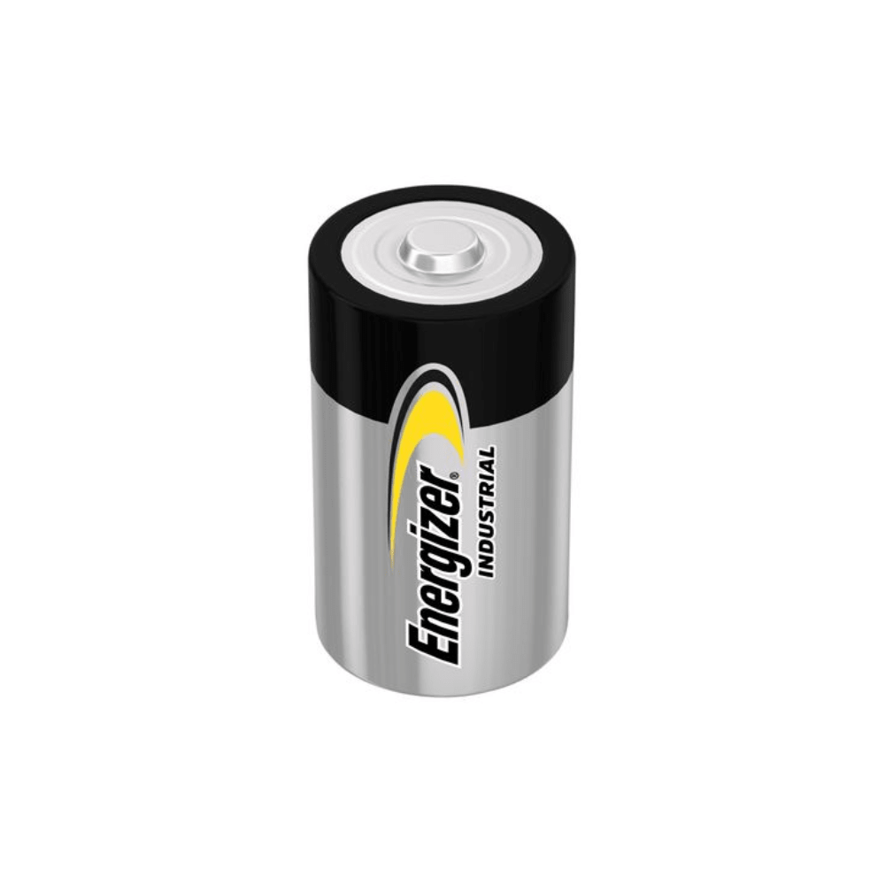 A cylindrical battery with a metallic casing and black top. The casing is printed with the brand 'Energizer Industrial' in black and yellow lettering. This Energizer Alkaline Battery, C/Baby, 1.5 V | Pack (12 pieces) by Energizer Deutschland GmbH has a standard terminal connection at the top. The design is simple and practical.
