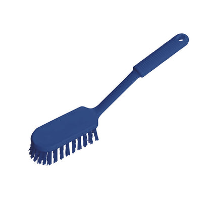 The blue Haug handle scrubbing brush PBT soft with a long handle from Haug Bürsten KG has soft bristles, a textured, elongated handle with a hanging hole, and is ideal for hygienic cleaning. Pictured on a plain white background.