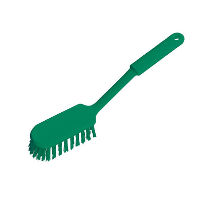 The Haug Bürsten KG handle scrubbing brush PBT soft with a long handle is a green brush with a textured handle, soft bristles, and a hanging hole - ideal for hygienic cleaning in the food industry. Pictured against a white background.