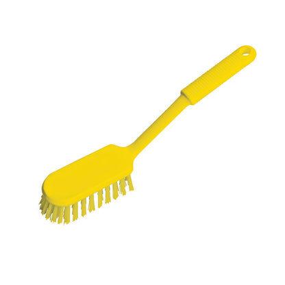 The Haug handle scrubbing brush PBT soft with a long handle from Haug Bürsten KG is a yellow brush with a long handle and hanging hole, designed for hygienic cleaning. Soft bristles. Pictured on a white background.
