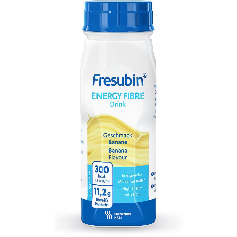 A 200 ml Fresubin Energy Fibre Drink from Fresenius Kabi Deutschland GmbH with banana flavor provides 300 kcal, 11.2 g protein, and fiber. The bottle features a blue-white label with yellow accents.
