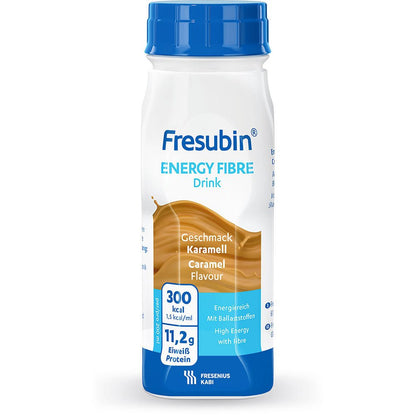 On a 200 ml Fresubin Energy Fibre Drink bottle from Fresenius Kabi Deutschland GmbH, caramel flavor, with a blue cap and label, the packaging states 300 kcal, 11.2 g protein, and a high fiber content.