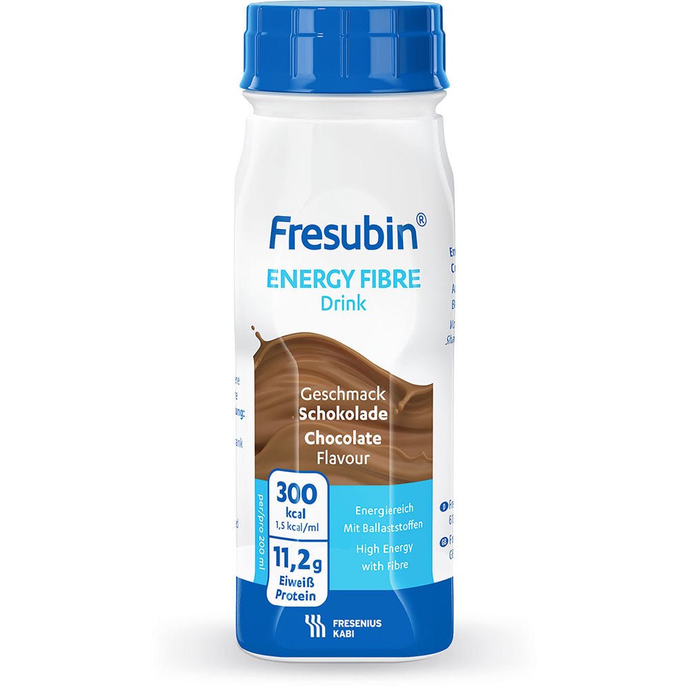 On a 200 ml Fresubin Energy Fibre Drink bottle from Fresenius Kabi Deutschland GmbH with chocolate flavor, the label states 300 kcal and 11.2 g protein; the bottle is white with blue and brown accents.