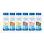 Six bottles of Fresubin Energy Fibre Drink mixed carton 200 ml from Fresenius Kabi Deutschland GmbH are lined up, each with a blue cap and label. Displayed flavors: Vanilla, Caramel, Banana, Strawberry, Chocolate, and Cappuccino.