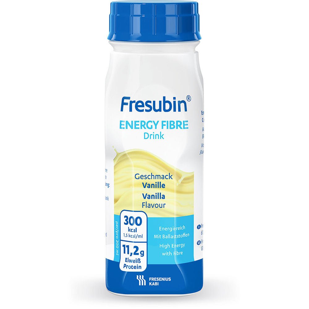 A 200 ml Fresubin Energy Fibre Drink bottle from Fresenius Kabi Deutschland GmbH, vanilla flavor, is labeled in blue and white and contains nutritional information: 300 kcal, 11.2 g protein, and high energy and fiber content.