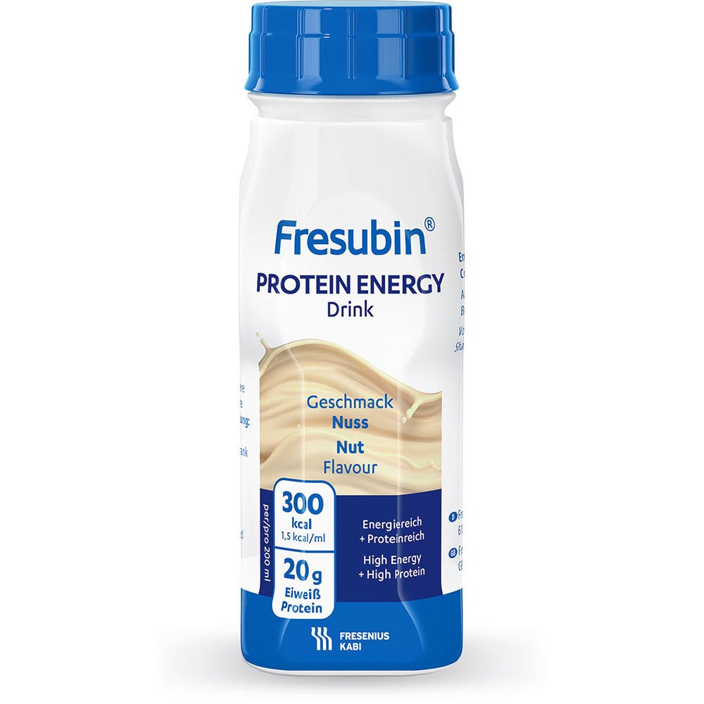 A 200 ml bottle of Fresubin Protein Energy Drink from Fresenius Kabi Deutschland GmbH provides 300 kcal and 20g of protein per serving. The white bottle with blue accents is labeled in German and English.