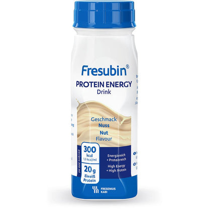 A 200 ml bottle of Fresubin Protein Energy Drink from Fresenius Kabi Deutschland GmbH provides 300 kcal and 20g of protein per serving. The white bottle with blue accents is labeled in German and English.