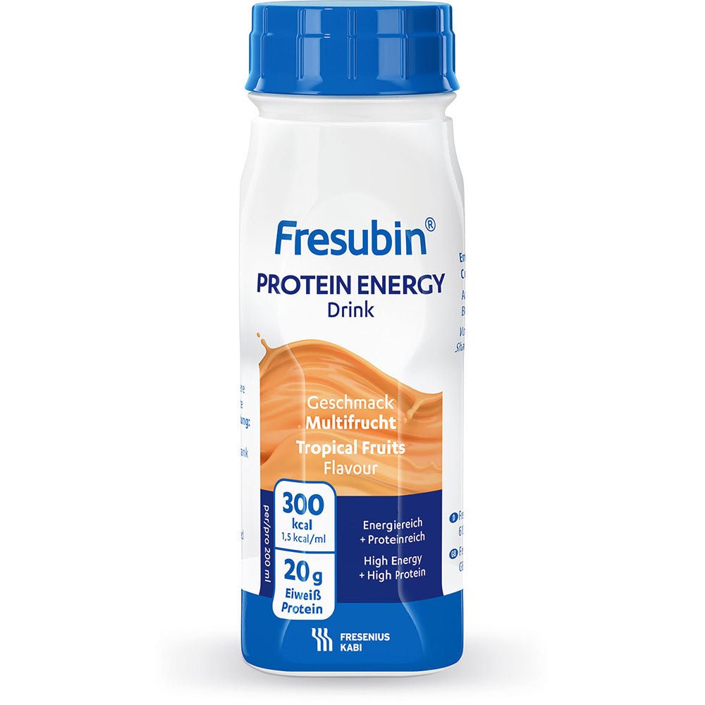 A 200 ml bottle of Fresubin Protein Energy Drink from Fresenius Kabi Deutschland GmbH, tropical fruits flavor, contains 300 kcal and 20 g of protein per serving. The white bottle has orange and blue accents and bears the inscription "High Energy, High Protein".