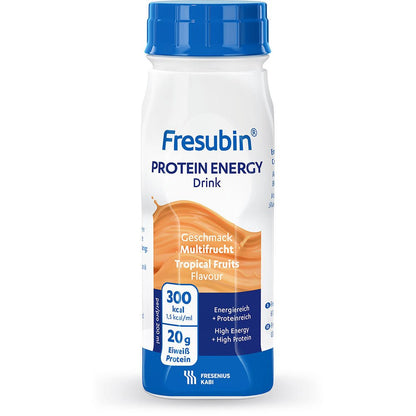 A 200 ml bottle of Fresubin Protein Energy Drink from Fresenius Kabi Deutschland GmbH, tropical fruits flavor, contains 300 kcal and 20 g of protein per serving. The white bottle has orange and blue accents and bears the inscription "High Energy, High Protein".