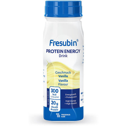 A 200 ml bottle of Fresubin Protein Energy Drink from Fresenius Kabi Deutschland GmbH in vanilla flavor, with 300 kcal and 20g protein per serving, labeled High Energy/Protein. The white bottle is accented with blue highlights.