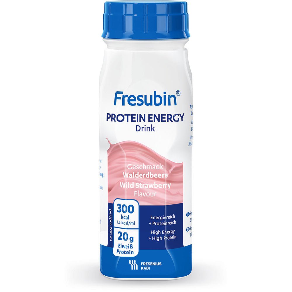 A 200 ml plastic bottle of Fresubin Protein Energy Drink in wild strawberry flavor from Fresenius Kabi Deutschland GmbH, with a white-pink label indicating 300 kcal and 20 g of protein per serving.