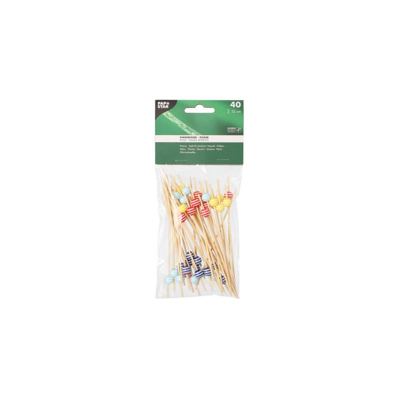 A pack of 40 PAPSTAR finger food picks 12 cm, with colorful plastic flags in various shapes and colors. The packaging of PAPSTAR GmbH is topped with a green-white label indicating the quantity and size of the decorative bamboo skewers.
