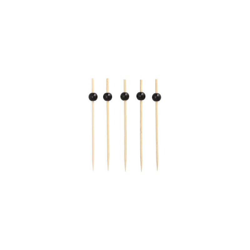 Five PAPSTAR finger food skewers, each with a diameter of 12 cm and black ball heads made of bamboo, are evenly arranged on a white background. The bamboo skewers from PAPSTAR GmbH perfectly combine functionality and elegance, making them ideal for any finger food presentation.