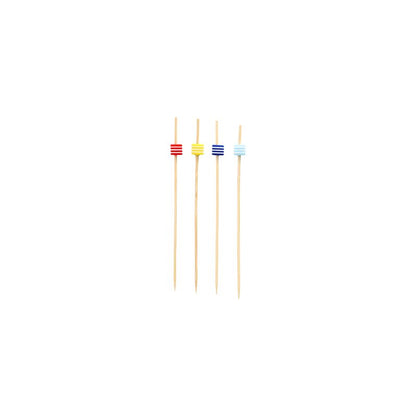 A set of four PAPSTAR finger food picks 12 cm skewers from PAPSTAR GmbH, made from sustainable bamboo and equipped with flat ends with striking red, yellow, blue, and light blue rings, are arranged vertically against a simple white background. These eco-friendly disposable products illustrate the elegance of sustainable solutions in food presentation.