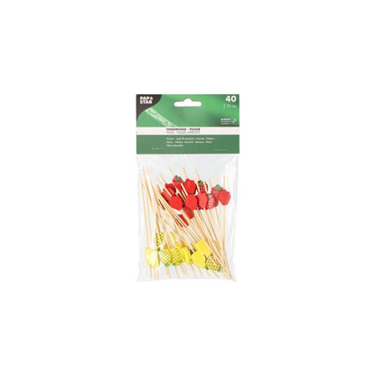 The 40 PAPSTAR finger food skewers, each 12 cm long and with decorative red and yellow fruit motifs, are ideal for serving finger food. The sustainable disposable products are delivered in a transparent plastic bag with a green-white label from PAPSTAR GmbH and add a playful touch to any gathering.