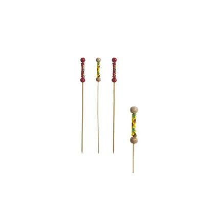 A set of 40 PAPSTAR finger food skewers with a length of 12 cm, each decorated with decorative handles with vibrant bead patterns. These skewers, made of wood by PAPSTAR GmbH, have unique bead arrangements on each handle. They are ideal for finger food, combining style with eco-friendly elegance, and stand upright against a simple white background.