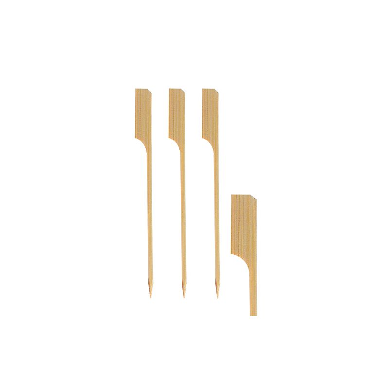 Four PAPSTAR 250 Fingerfood skewers "pure" from PAPSTAR GmbH, each 18 cm long with flat, paddle-shaped ends, stand vertically on a white background; the eco-friendly natural wood skewers have pointed tips.