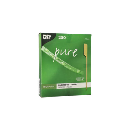 A green box labeled "PAPSTAR 250 Fingerfood - Skewers 'pure'" from PAPSTAR GmbH contains 250 biobased, eco-friendly party skewers, each 11.8 cm long, with a package featuring bamboo stem and skewer, ideal for finger food.