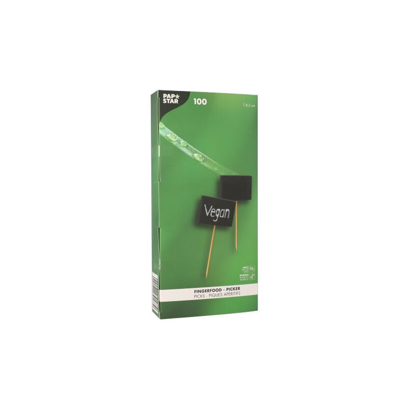A green box by PAPSTAR GmbH with the inscription "PAPSTAR 100 Fingerfood - Picker" contains 100 bamboo skewers for finger food, equipped with black writable flags, one of which is labeled "Vegan" in white.