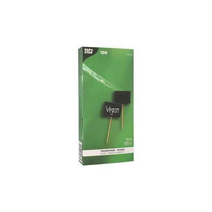 A green box by PAPSTAR GmbH with the inscription "PAPSTAR 100 Fingerfood - Picker" contains 100 bamboo skewers for finger food, equipped with black writable flags, one of which is labeled "Vegan" in white.
