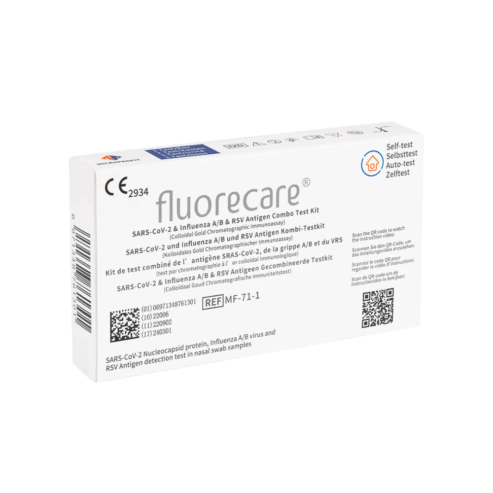 The image shows a box of the Fluorecare SARS-CoV-2, Influenza A + B & RSV Antigen Combo Test, 1 piece | Pack (1 test). The white box contains multilingual instructions and medical symbols such as a CE mark and the product reference number REFMF-71-1.
