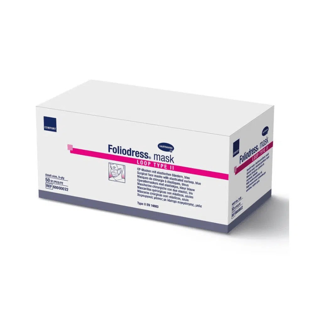 A white rectangular box with Paul Hartmann AG discontinued item: Foliodress® surgical mask (50 pieces), with blue and pink accents, filter details, hypoallergenic branding, and product information on the top and sides.