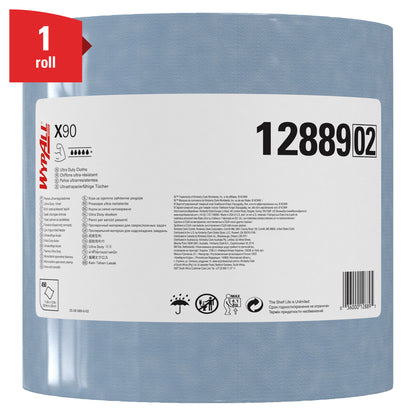 A single roll of WypAll® X90 PowerClean jumbo roll (Blue, 1 roll x 450 sheets, No. 12889) from Kimberly-Clark GmbH is equipped with a white label with symbols and a red "1 roll" banner - ideal for industrial cleaning.