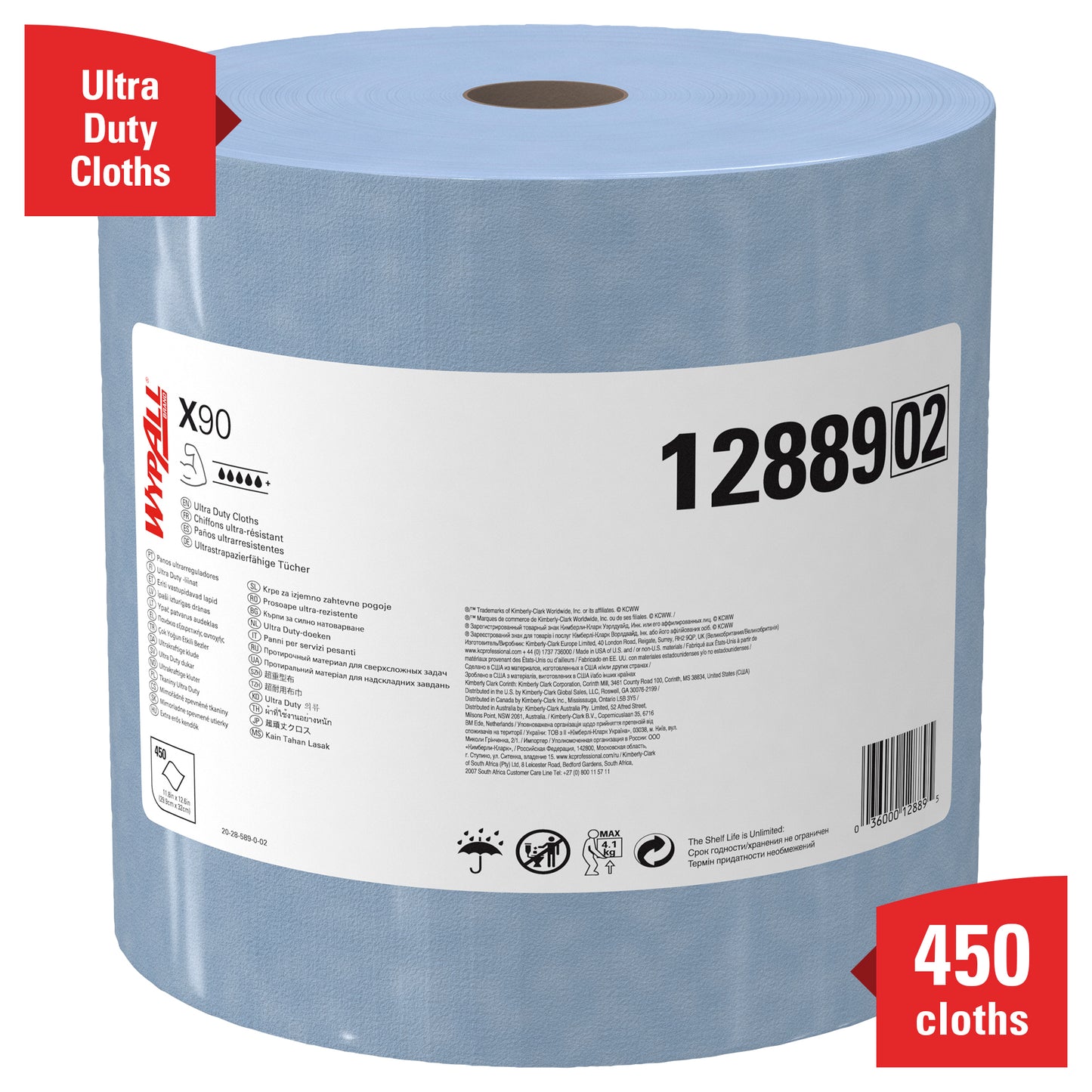 A large blue roll of WypAll® X90 PowerClean from Kimberly-Clark GmbH (1 roll x 450 sheets, product 1288902) has a white label, icons, and red banners with the details "Ultra Duty Cloths" and "450 cloths".