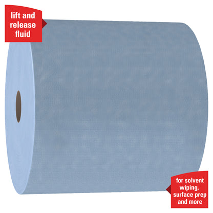 The WypAll® X90 PowerClean jumbo roll from Kimberly-Clark GmbH is a large blue roll with 450 textured sheets, ideal for solvent wiping and surface preparation. The red banners read "lift and release fluid" and "for solvent wiping, surface prep and more".
