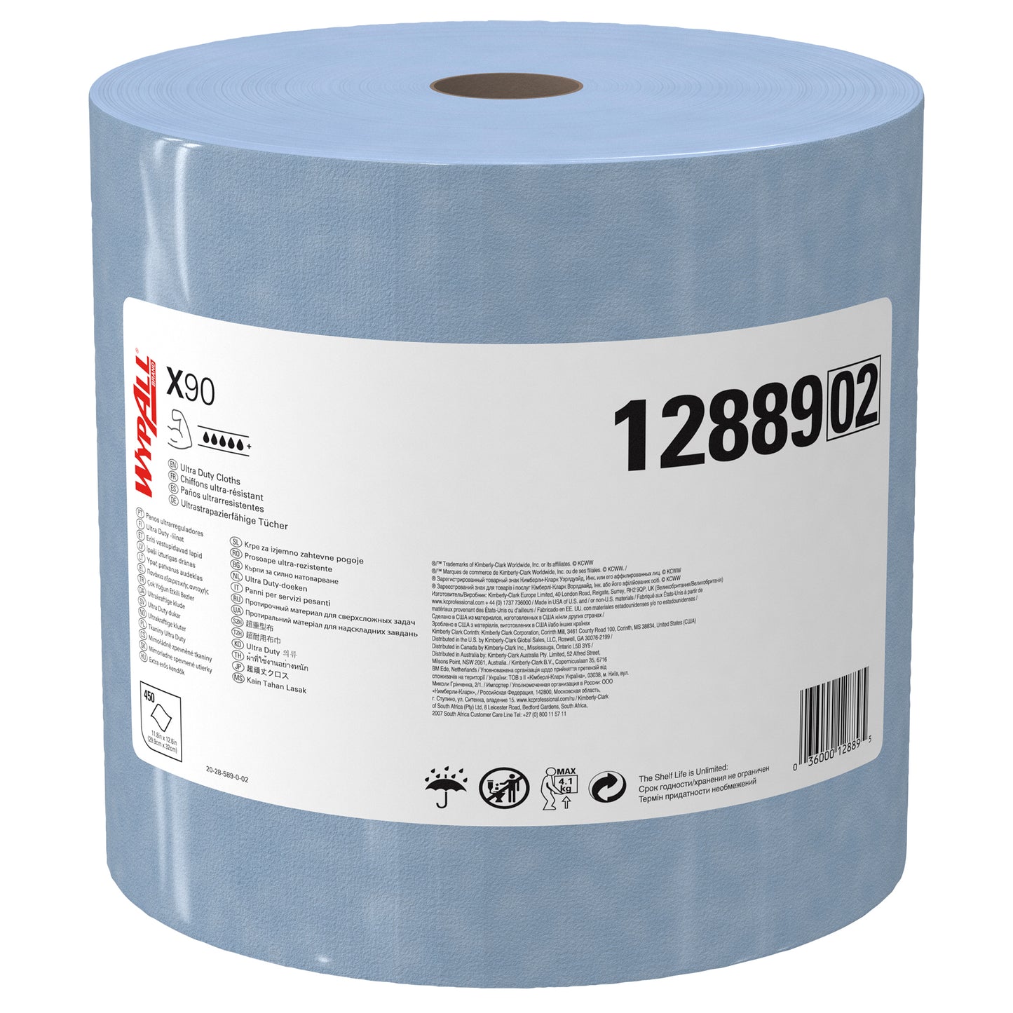 A large blue WypAll® X90 PowerClean jumbo roll from Kimberly-Clark GmbH with 450 sheets per roll and the product code "1288902" stands upright on a white background with a white label featuring branding and information attached.
