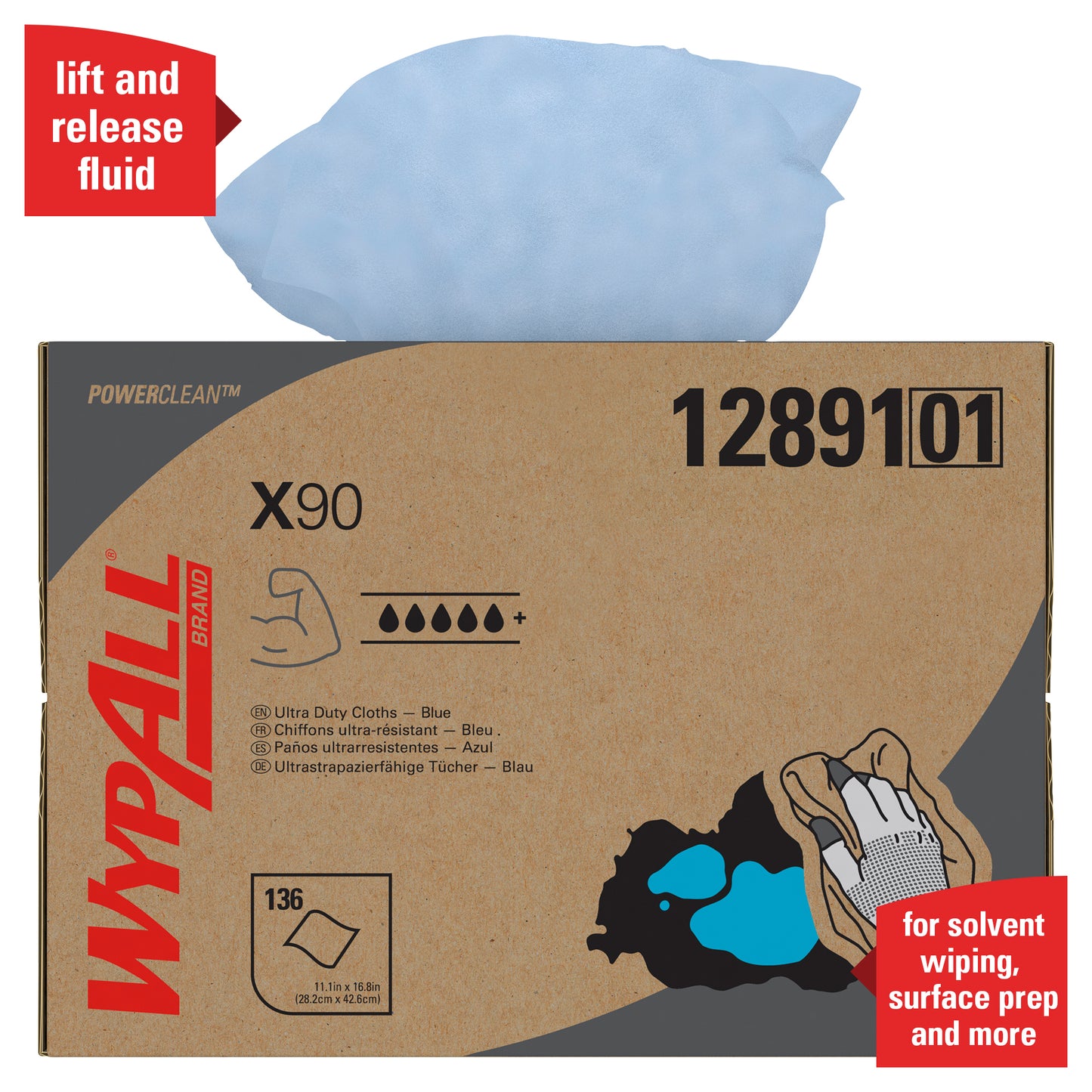 A blue WypAll® X90 PowerClean cloth is dispensed from the brown BRAG™ Box of Kimberly-Clark GmbH. The box contains 136 ultra-dry cloths for cleaning solutions, wiping with solvents, and surface preparation; red banners highlight the features.