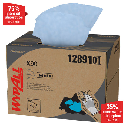 The WypAll® X90 PowerClean - BRAG™ Box/Blue (1 Box x 136 sheets) from Kimberly-Clark GmbH absorbs 75% more oil and 35% more water than X80 - your top solution for heavy-duty cleaning.