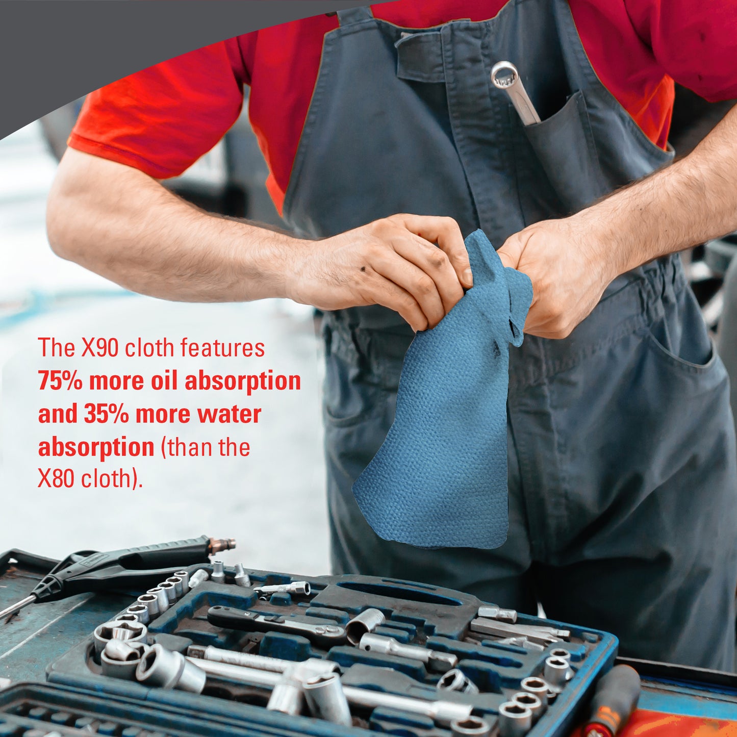 A person in work overalls uses a blue WypAll® X90 PowerClean cloth from Kimberly-Clark GmbH at a workbench. The text highlights the superior oil and water absorption compared to X80, making it ideal for any cleaning solution. 1 BRAG™ Box contains 136 sheets.