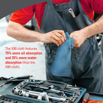 A person in work overalls uses a blue WypAll® X90 PowerClean cloth from Kimberly-Clark GmbH at a workbench. The text highlights the superior oil and water absorption compared to X80, making it ideal for any cleaning solution. 1 BRAG™ Box contains 136 sheets.
