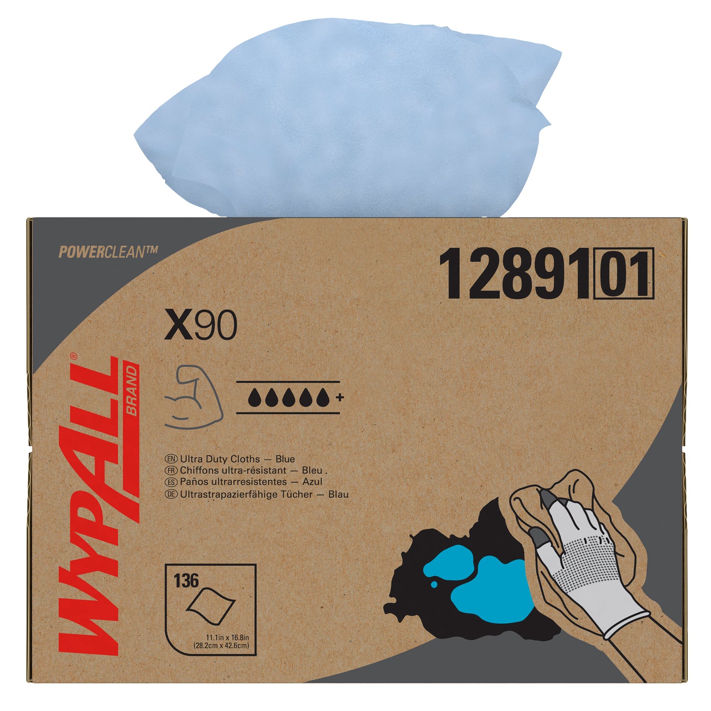 A box of Kimberly-Clark GmbH WypAll® X90 PowerClean Ultra Duty Cloths in blue (BRAG™ Box, 136 sheets) with a hand wiping up a spilled item. A folded cloth is partially pulled out - ideal for all cleaning solution needs.