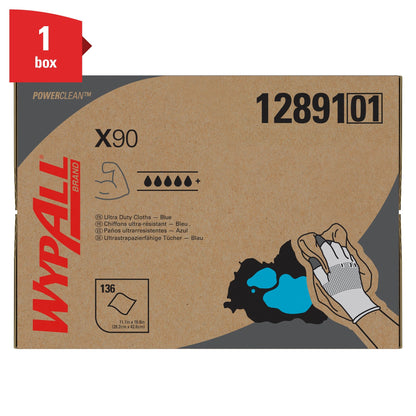 A WypAll® X90 PowerClean BRAG™ Box from Kimberly-Clark GmbH contains 136 blue, ultra-durable cloths with wiping graphics, product information, and a red '1 Box' label in the upper left corner of the cardboard packaging.