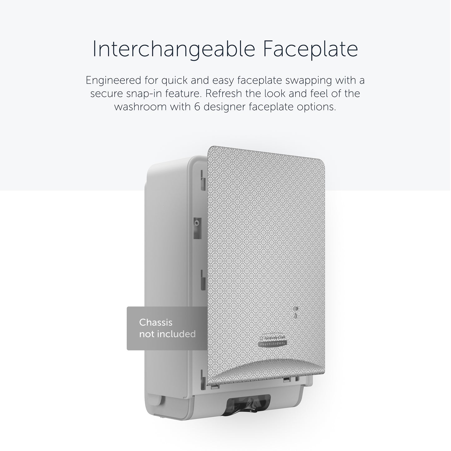 The Kimberly-Clark Professional™ Icon™ Dispenser Faceplate - eSkinCare (20.32 x 27.30 x 3.81 cm) from Kimberly-Clark GmbH is shown wall-mounted; label instructions are not included. Easily replaceable front plate - an essential washroom accessory.