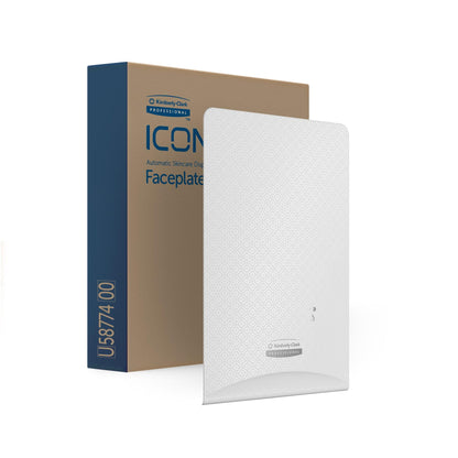 The Kimberly-Clark Professional™ Icon™ Dispenser Faceplate - eSkinCare (20.32 x 27.30 x 3.81 cm) from Kimberly-Clark GmbH stands upright next to its U5874 box, showcasing a subtle geometric white design, ideal as washroom accessories.