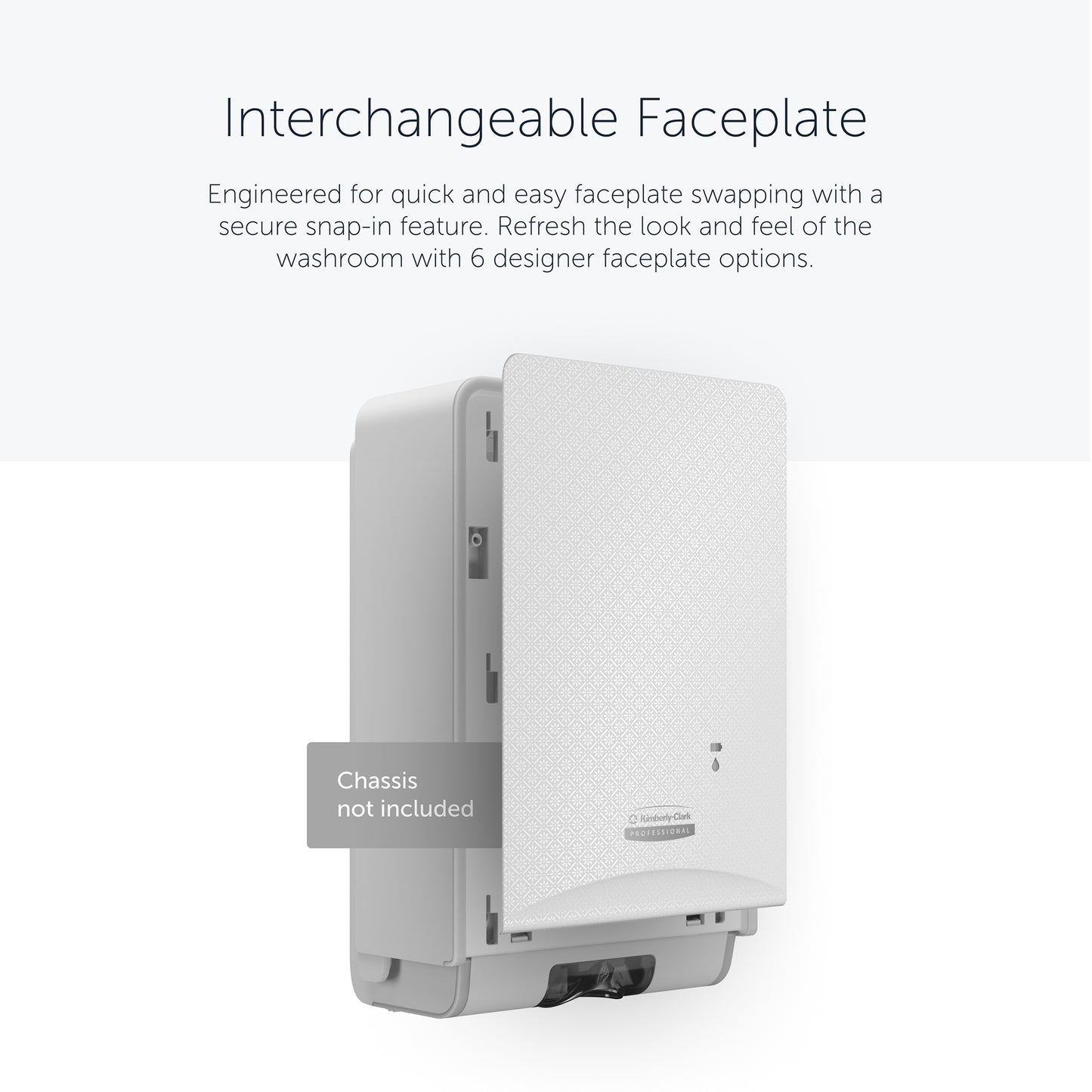 A Kimberly-Clark Professional™ Icon™ Dispenser Faceplate - eSkinCare (20.32 x 27.30 x 3.81 cm) from Kimberly-Clark GmbH is partially open with a snap-in feature shown; housing not included; choose from six designer faceplate options.