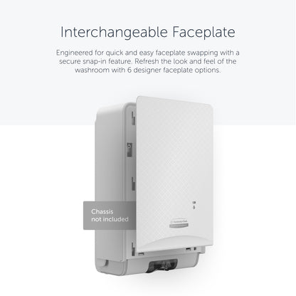 A Kimberly-Clark Professional™ Icon™ Dispenser Faceplate - eSkinCare (20.32 x 27.30 x 3.81 cm) from Kimberly-Clark GmbH is partially open with a snap-in feature shown; housing not included; choose from six designer faceplate options.