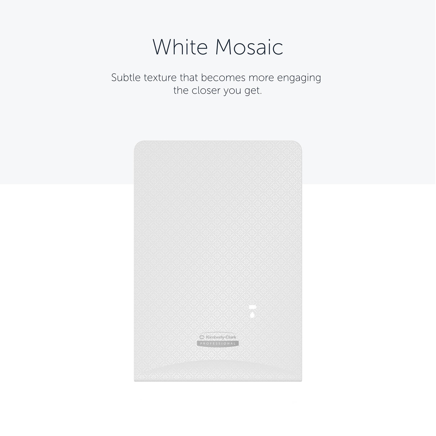 The rectangular white Kimberly-Clark Professional™ Icon™ Dispenser Faceplate - eSkinCare (20.32x27.30x3.81 cm) from Kimberly-Clark GmbH features a subtle mosaic texture and branding that fits perfectly in any washroom.