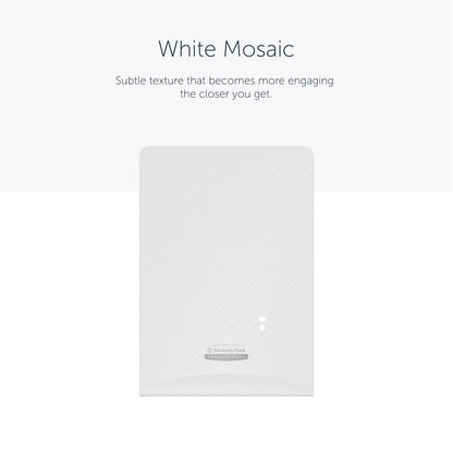 The rectangular white Kimberly-Clark Professional™ Icon™ Dispenser Faceplate - eSkinCare (20.32x27.30x3.81 cm) from Kimberly-Clark GmbH features a subtle mosaic texture and branding that fits perfectly in any washroom.