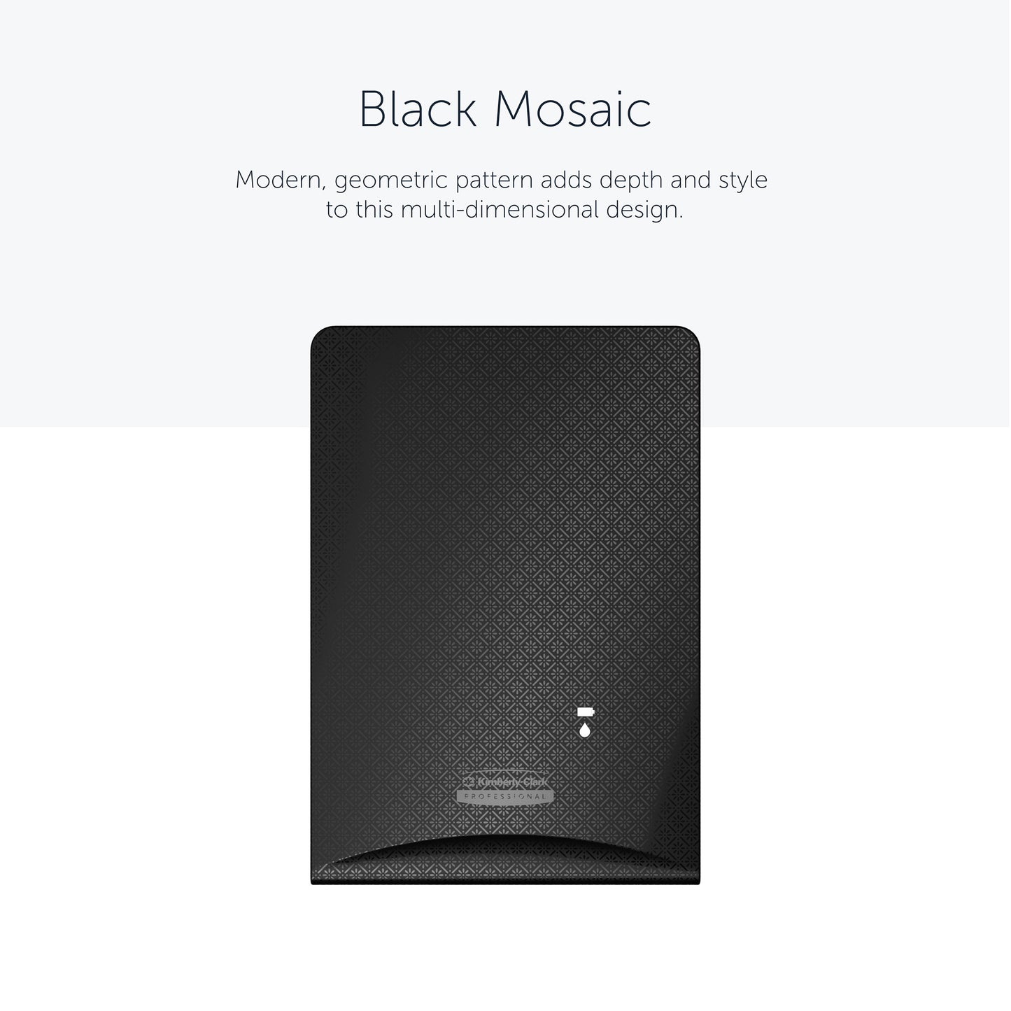 The Kimberly-Clark Professional™ Icon™ Dispenser Faceplate, Black Mosaic, from Kimberly-Clark GmbH features a modern geometric mosaic design that adds depth to any washroom. Size: 20.32 cm x 27.30 cm x 3.81 cm.