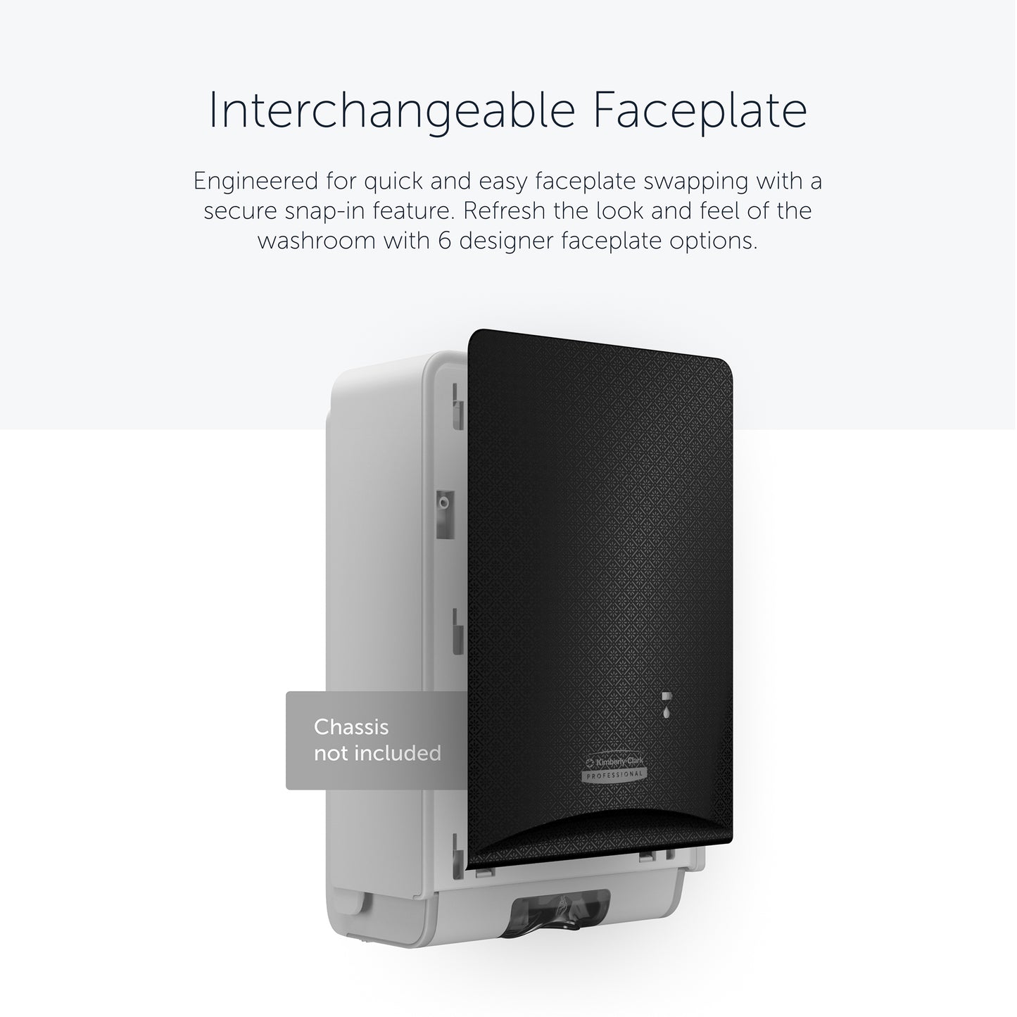 The Kimberly-Clark Professional™ Icon™ Dispenser Faceplate - eSkinCare (20.32 x 27.30 x 3.81 cm) from Kimberly-Clark GmbH is partially open and easily replaceable; housing not included.